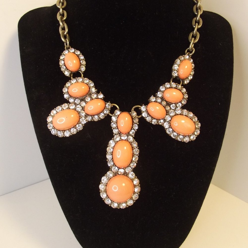 Peach Cabochon & Crystal Statement Bib Necklace